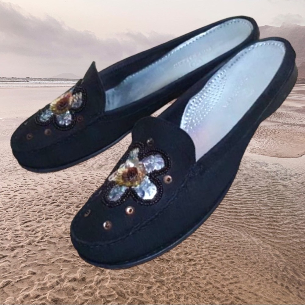 Cole Haan Black Embellished Suede Leather Slip On Women’s Loafers Size 7.5